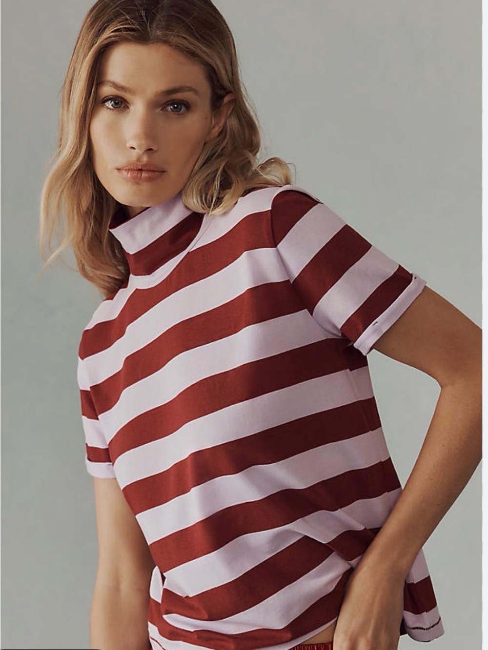 Maeve Striped Mock Neck Tee - Red & Light Purple